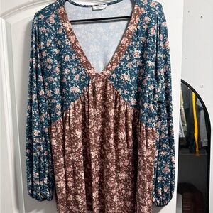 Floral V-Neck Women's Top - Blue and Brown